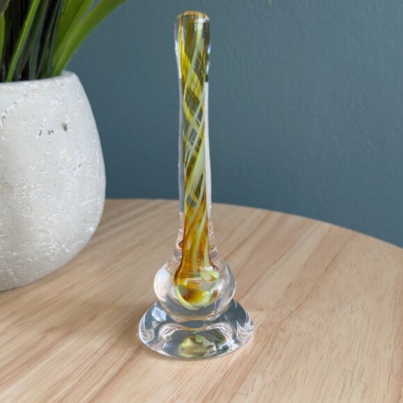 Vintage Lukian Signed Art Glass Ring Holder Stand Swirled Clear Yellow Orange - Picture 1 of 10